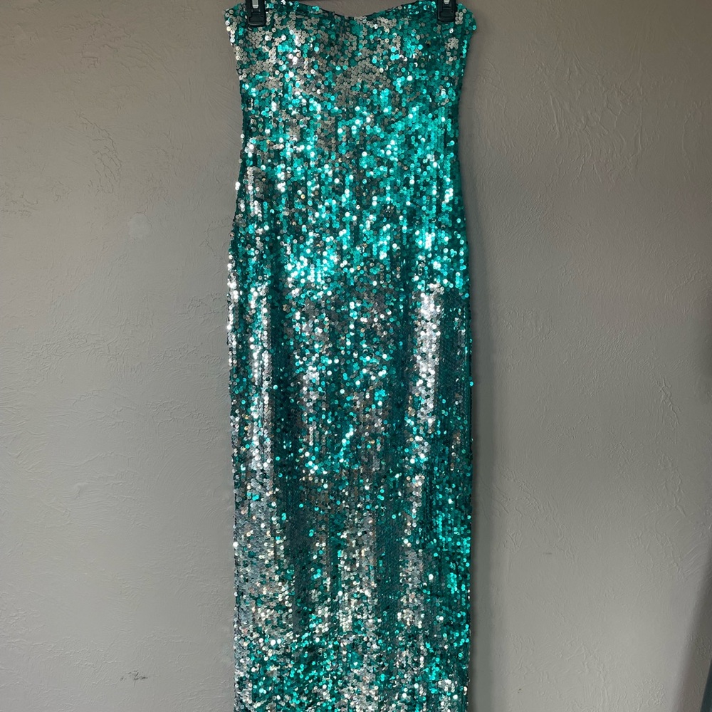 As U Wish Teal and Silver Sequin Prom Dress